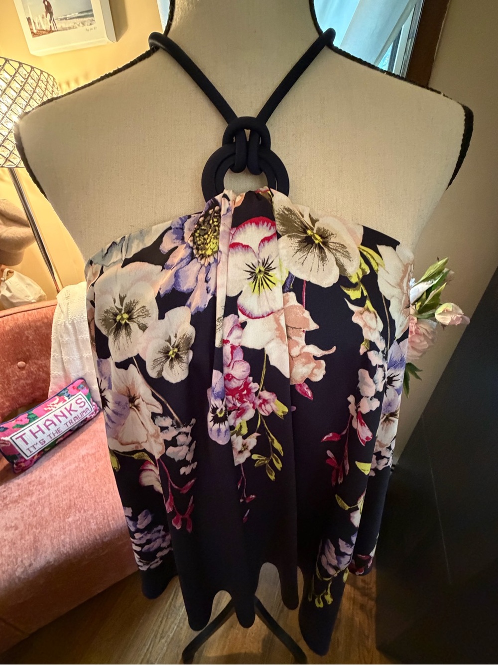 White House Black Market Navy Floral Halter Camisole w/ Ring/Knot Detail EUC